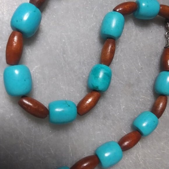 Turquoise & Wooden Beaded Necklace - Picture 3 of 8